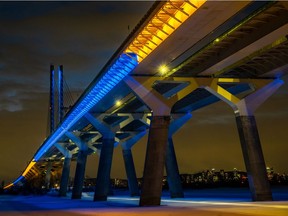 The Champlain Bridge was lit up in blue and yellow on Feb. 26, 2022, in support of Ukraine.