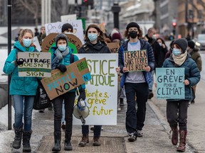 The student groups Pour le futur Montréal and Étudiants en grève demonstrated for climate justice in Old Montreal on Feb. 11, 2022.
