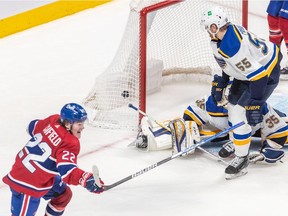 Montreal Canadiens right-winger Cole Caufield scores the tying goal against the St. Louis Blues in the dying seconds of the third period at the Bell Centre on Feb. 17, 2022.