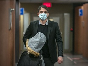 Gabriel Sohier Chaput at the Montreal courthouse in February 2022. The judge in the case reprimanded the Crown prosecutor for failing to establish that the Holocaust was a consequence of Nazi ideology.