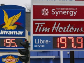 Gas selling at $1.979/litre on Décarie Blvd. in Montreal Monday March 7, 2022.