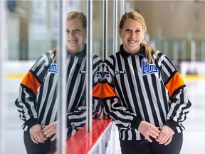 Elizabeth Mantha, at Colisée Jean Béliveau in Longueuil on Monday March 7, 2022, recently became the first female to referee a QMJHL game.
