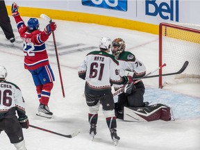 The Canadiens’ Cole Caufield celebrates after scoring his second goal of the game Tuesday night at the Bell Centre in 6-3 loss to the Arizona Coyotes.
