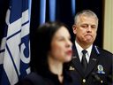 Mayor Valérie Plante announces that Montreal Police Chief Sylvain Caron will retire from the force, at a press conference on Tuesday, March 15, 2022.