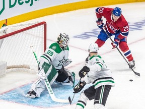 Canadiens' Christian Dvorak, who was playing his first game since January, missed on a chance to score against Stars goaltender Jake Oettinger during the first period Thursday night at the Bell Centre.