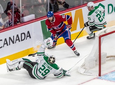 Montreal Canadiens right wing Joel Armia (40) was called for goaltender interference on Dallas Stars goaltender Jake Oettinger (29) during 3rd period NHL action at the Bell Centre in Montreal on Thursday, March 17, 2022.