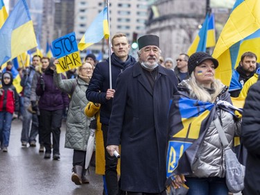 Fr. Ihor Kutash took part in a march through downtown Montreal on Saturday, March 19, 2022, in support of Ukraine and to denounce Russia and Vladimir Putin.