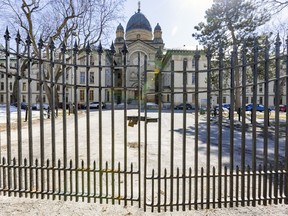 The main gate at Dawson College in Montreal is seen Tuesday, March 22, 2022.