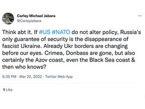 One of many tweets by Université de Montréal professor Michael Jabara Carley about the Russian-Ukrainian conflict.