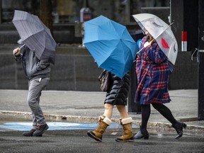 A trio of pedestrians shelter under umbrellas while crossing Peel St. on a blustery, rainy day