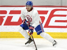 Defenceman Jayden Struble handles the puck during Montreal Canadiens development camp at the Bell Sports Complex in Brossard on June 26, 2019.