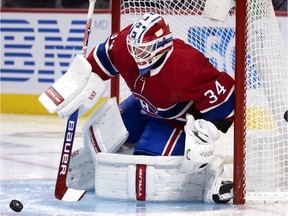 Montreal Canadiens goaltender Jake Allen gets ready to make a save against the Los Angeles Kings in Montreal on Nov. 9, 2021.