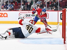 Panthers goaltender Spencer Knight robs Canadiens' Rem Pitlick of what looked like a sure goal late in the second period Thursday, March 24 at the Bell Centre.