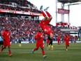 Tajon Buchanan (11) of Canada celebrates a goal during a 2022 World Cup Qualifying match against Jamaica at BMO Field on Sunday, March 27, 2022, in Toronto.