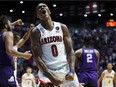 Bennedict Mathurin #0 of the Arizona Wildcats reacts after being fouled while shooting during overtime against the TCU Horned Frogs in the second round game of the 2022 NCAA Men's Basketball Tournament at Viejas Arena at San Diego State University on March 20, 2022 in San Diego, California.