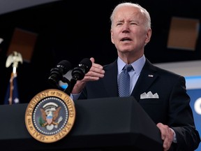 U.S. President Joe Biden speaks in Washington on March 30, 2022. Ukrainians should be distrustful of promises from the U.S. government, based on America's track record, writes Terry Glavin.