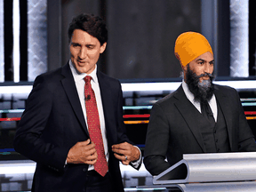 Liberal Leader Justin Trudeau and NDP Leader Jagmeet Singh before the start of the federal election English-language Leaders debate in Gatineau on Sept. 9, 2021.