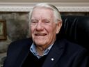 Dick Irvin wears the lapel pin at his home in Pointe-Claire on Jan. 2, 2014, after being named a Member of the Order of Canada.