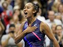 Laval's Leylah Fernandez reacts after defeating Aryna Sabalenka,of Belarus during the semifinals of the US Open tennis championships on Sept. 9, 2021, in New York.