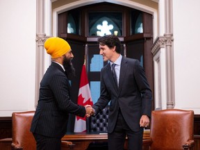 NDP Leader Jagmeet Singh with Prime Minister Justin Trudeau on Parliament Hill in Ottawa, Nov. 14, 2019.
