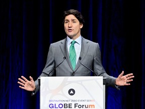 Prime Minister Justin Trudeau makes a keynote speech on his emissions reduction plan at the GLOBE Forum 2022 in Vancouver on March 29, 2022.