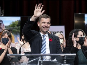 Bruno Marchand reacts after being declared the winner of the municipal election in Quebec City on Sunday, November 7, 2021.