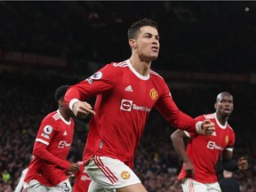 Soccer Football - Premier League - Manchester United v Tottenham Hotspur - Old Trafford, Manchester, Britain - March 12, 2022

Manchester United's Cristiano Ronaldo celebrates scoring their third goal vs. Tottenham in Old Trafford, Britain, on Saturday, March 12, 2022.