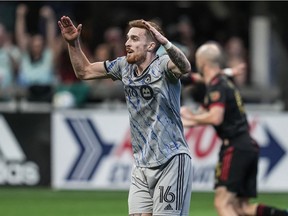 CF Montréal defender Joel Waterman (16) reacts after a goal by Atlanta United midfielder Thiago Almada (not shown) during the second half at Mercedes-Benz Stadium on Saturday, March 19, 2022, in Atlanta.