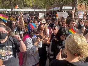 Students gather to protest after Florida's House of Representatives approved a Republican-backed bill that would prohibit classroom discussion of sexual orientation and gender identity, in Winter Park, Florida, U.S., March 7, 2022 in this still image obtained from a video posted on social media.