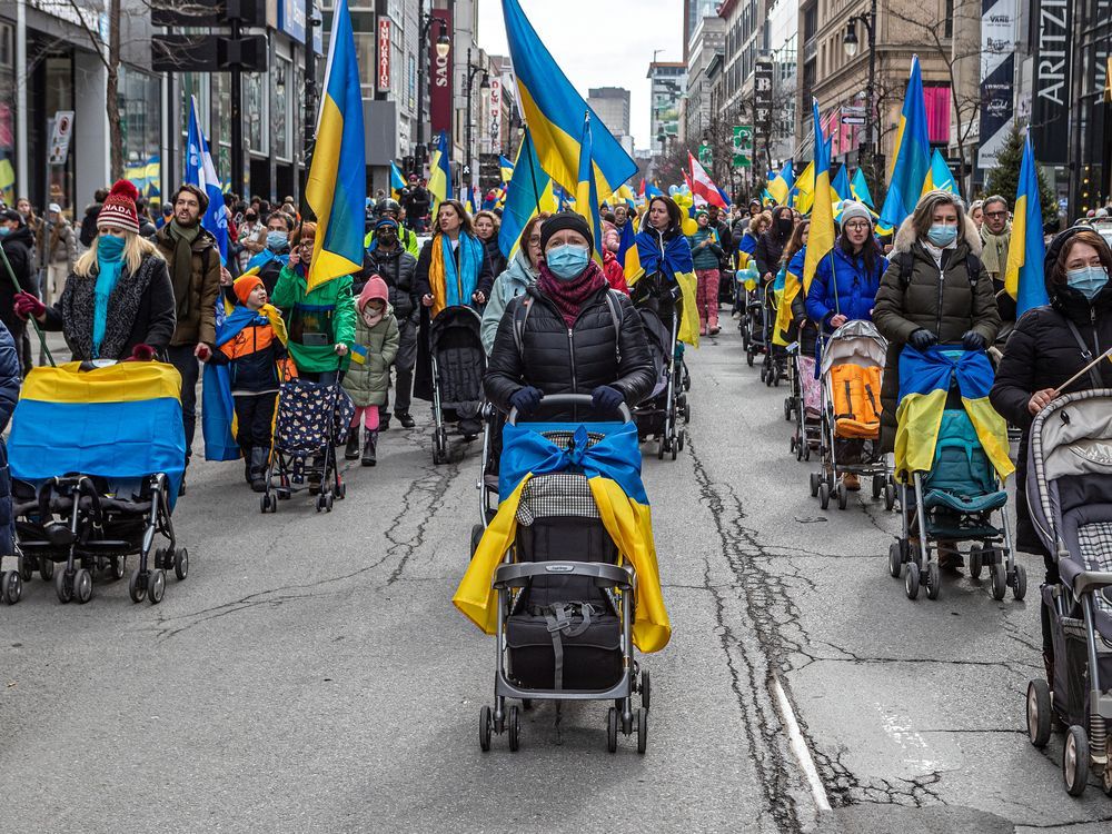  ukraine supporters marched through the streets of montreal on saturday march 26, 2022.