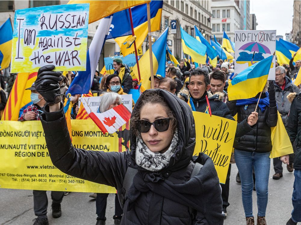  ukraine supporters marched through the streets of montreal on saturday march 26, 2022.