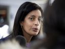 Quebec Liberal Leader Dominique Anglade speaks with the media at Dawson College in Montreal, on, Feb. 24, 2022. 
