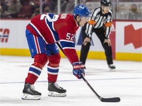 Montreal Canadiens defenceman Justin Barron lines up for a faceoff during third period against the Ottawa Senators in Montreal on April 5, 2022.