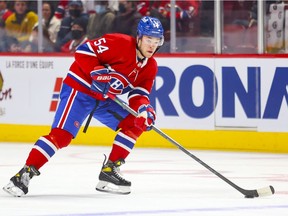 Montreal Canadiens rookie Jordan Harris carries the puck during third period of National Hockey League game against the Ottawa Senators in Montreal Tuesday April 5, 2022.