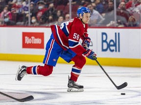 Montreal Canadiens' Jesse Ylonen carries the puck during third period against the Ottawa Senators in Montreal on April 5, 2022.