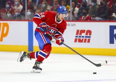 Montreal Canadiens defenceman Jordan Harris handles the puck during first period of National Hockey League game against the Ottawa Senators in Montreal Tuesday, April 5, 2022.