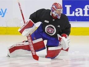 Montreal Canadiens' Carey Price does some exercises at the Bell Sports Complex in Brossard on Sept. 16, 2021.