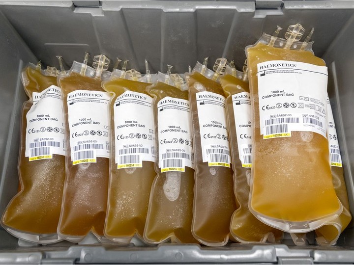  Bags of plasma packed into a box at Héma-Québec’s Globule blood donor clinic in Kirkland, a suburb of Montreal, last Friday.