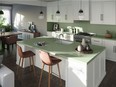 Companies are investing in making the planet a better place for future generations by implementing safer, Earth-friendly manufacturing processes. Silestone’s Sunlit Days Collection, Quartz Surface, Posidonia Green, www.cosentino.com.
