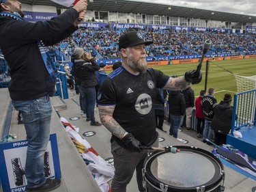 The cheering section of CF Montréal during a game against the Vancouver Whitecaps FC in MLS play Saturday, April 16, 2022, at Saputo Stadium.