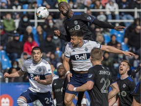 Kei Kamara of CF Montréal makes a header against Vancouver Whitecaps FC in MLS play Saturday, April 16, 2022, at Saputo Stadium in Montreal.