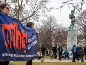 Regroupement des comites logement et associations de locataires du Quebec (RCLALQ) denounced rent increases and demanded urgent action against the housing crisis, in Verdun on Sunday April 24, 2022.