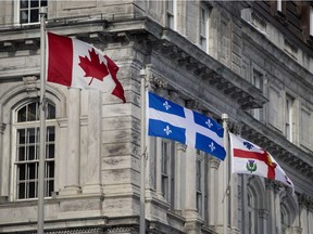 Flags at Montreal city hall in 2018.