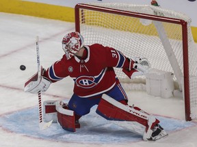 Carey Price of the Montreal Canadiens makes a blocker save against the Florida Panthers in the first period at the Bell Centre in Montreal on April 29, 2022.