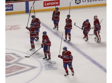 Canadiens players salute fans at the end of the game against the Florida Panthers at the Bell Centre in Montreal on Friday, April 29, 2022.