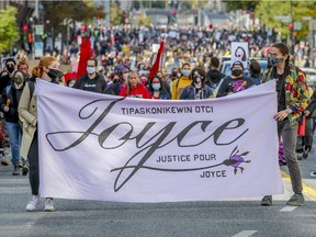 "Justice for Joyce Echaquan" demonstration heads south on Berri St. in Montreal Saturday October 3, 2020.