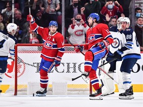 Josh Anderson #17 of the Montreal Canadiens celebrates his goal during the third period against the Winnipeg Jets at the Bell Centre April 11, 2022. The Jets defeated the Habs 4-2.