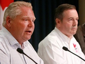 Russia issued sanctions against 61 Canadians, including Ontario Premier Doug Ford (left) and Alberta Premier Jason Kenney (right), on Thursday, April 21, 2022.