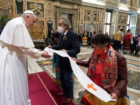 Pope Francis holds an audience in the Clementine Hall of the Apostolic Palace with Indigenous delegations from Canada at the Vatican on April 1, 2022.
