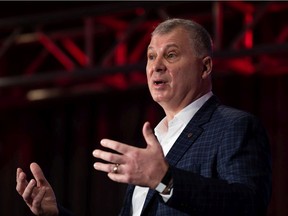 CFL commissioner Randy Ambrosie delivers his state of the league media address at the Hamilton Convention Centre during the CFL's Grey Cup week in Hamilton on Friday, Dec. 10, 2021.